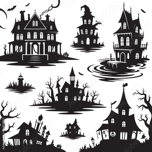 black silhouettes of haunted houses and spooky buildings with trees and bats on white background