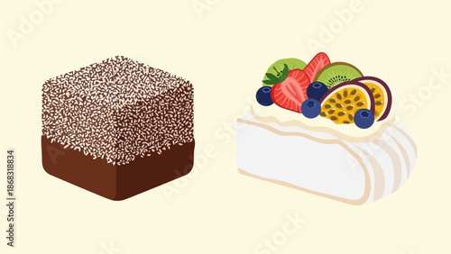 Traditional Australian Desserts Icon Set, Chocolate Coconut Lamington and Fruit Pavlova Cake, Aussie Sweet Cuisine Vector