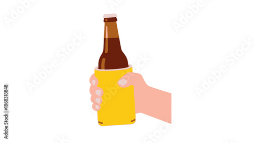 Hand Holding Beer Bottle with Yellow Stubby Holder, Australia Day Party Drink and Summer BBQ Celebration Vector