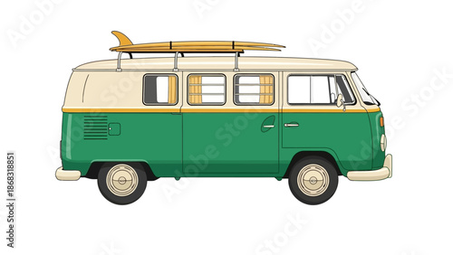 Vintage Green Hippie Van with Wooden Surfboards, Classic Camper Bus for Summer Beach Trip and Surfing Lifestyle Vector