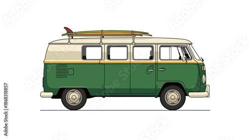 Retro Green Campervan with Surfboard on Roof, Summer Road Trip and Australia Day Holiday Travel Vector Illustration