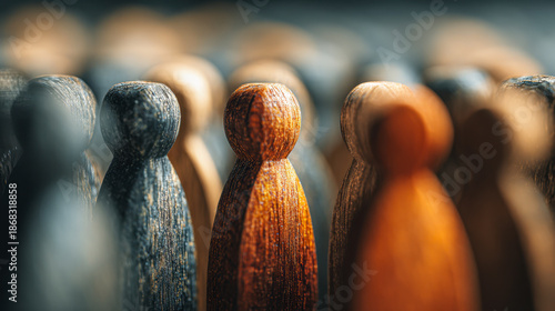 Wooden figurines standing in rows with one highlighted in the center symbolizing individuality and leadership among a crowd of similar shapes and muted colors