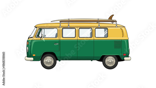 Retro Yellow and Green Campervan Side View with Surfboards, Classic Summer Travel and Camping Van Vector Illustration