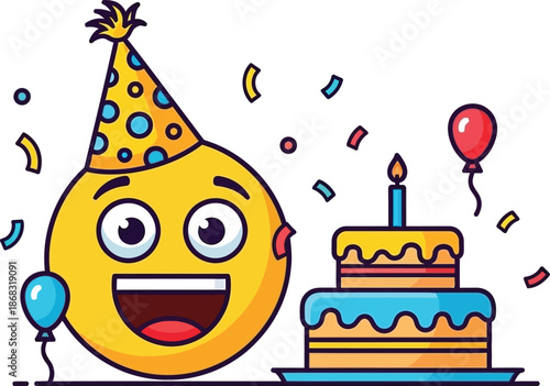 Festive smiley face with a birthday cake balloon and party hat