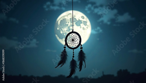 Dreamcatcher silhouette hanging against a full moon, surrounded by clouds, creating a mystical atmosphere, symbolizing protection and dreams in a serene night setting