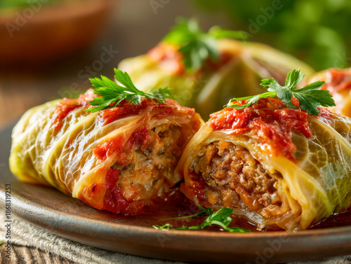 Delicious cabbage rolls stuffed with seasoned meat and rice topped with fresh tomato sauce and garnished with green parsley on a rustic plate