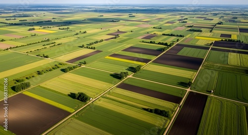 Expansive agricultural fields stretch across the landscape under a bright, clear sky.