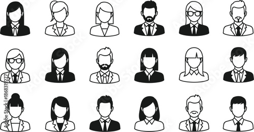 Diverse group of business people avatars in outline and silhouette icons vector illustration