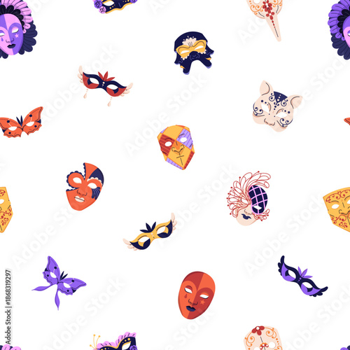 Repeatable pattern of fashion masks for masquerade. Endless background of festive face disguises, decorative masques for party, performance. Mardi Gras carnival. Flat seamless vector illustration