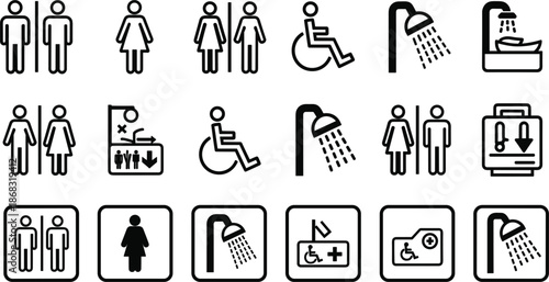 Diverse Icons for Restrooms Showers Accessible Facilities and Medical Signs Keywords: restroom, toilet, WC, men, women, male