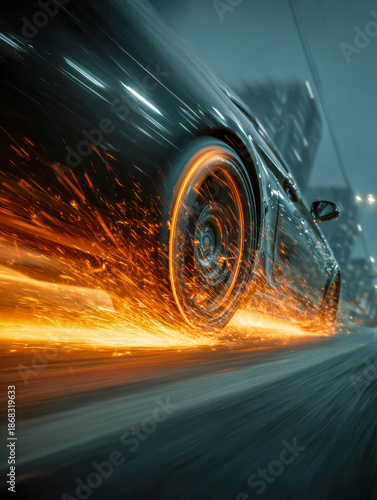 A sleek black sports car accelerating at night while sparks fly dramatically from the spinning wheels on an urban street with blurred city lights in the background