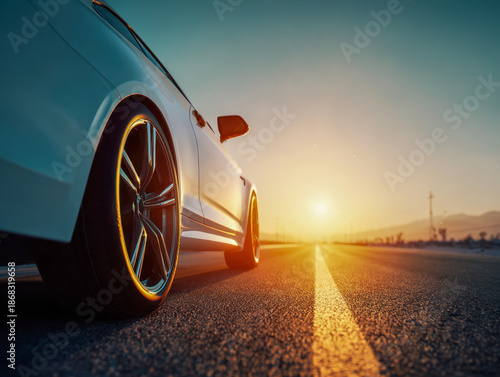 A sleek modern sports car parked on an open road during sunset, capturing the essence of speed, luxury, and the thrill of adventure in a vibrant sunset scene