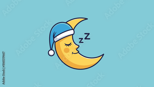 Cute cartoon sleeping moon wearing a blue nightcap, indicating sleep and peace, on a light blue background.