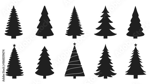 Collection of various black Christmas tree and pine tree silhouettes set on an isolated white background, ideal for holiday designs.