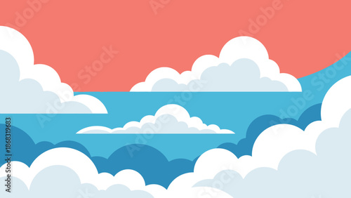 Beautiful serene sky with fluffy white clouds and a clear horizon line, divided into blue and red sections.