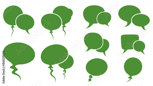 Set of various green speech bubbles with dynamic tails and chat balloons on an isolated white background.