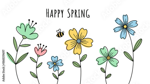Cheerful "Happy Spring" greeting with colorful blooming flowers and a busy bee on a bright white background.
