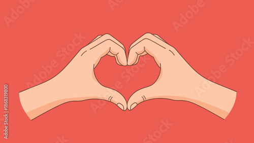 Human hands forming a heart shape, expressing love and affection on a bright red studio background.