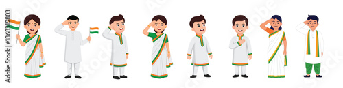 Indian People Character Set in Traditional Dress with Patriotic Gestures