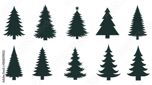 Collection of diverse evergreen tree silhouettes, pine and fir trees representing nature on an isolated white background.
