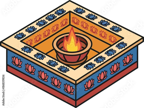 Isometric illustration of a traditional havan kund with a burning flame
