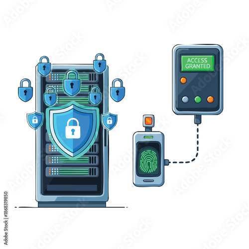 Illustration of a smartphone with a shield and padlock surrounded by security icons connected to a wearable device with an access granted screen.