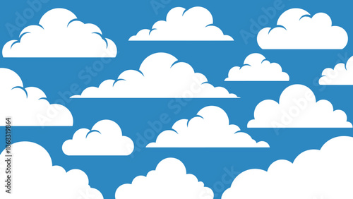 Cartoon clouds floating in a blue sky, bright and peaceful outdoor background.