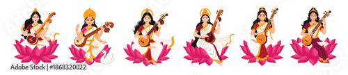 Goddess Saraswati Playing Veena on Lotus Illustration Set