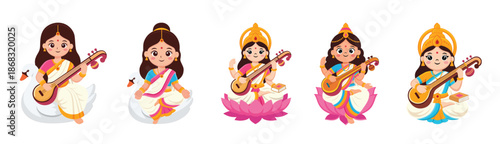 Cute Goddess Saraswati Illustration Set with Veena, Lotus, and Swan