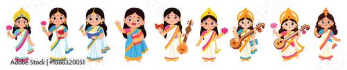Adorable cartoon illustrations of Goddess Saraswati with veena, swan, lotus, and books, symbolizing knowledge, music, wisdom, and learning.