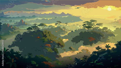 Breathtaking Tropical Jungle Panorama at Sunset with Misty Mountains, Golden Sunlight, and Lush Rainforest Canopy