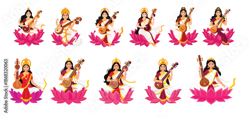 Traditional illustration of Goddess Saraswati seated on a lotus, playing the veena, symbolizing knowledge, wisdom, music, and Indian culture, suitable for religious, cultural, and educational designs.