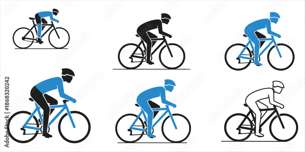 Fototapeta premium Cyclist icons in black and blue showing different poses and styles Keywords: cyclist, cycling, bicycle, bike, rider, sport, race