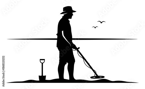 Metal Detecting Beach - Silhouette Vector