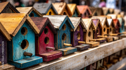 Colorful wooden birdhouses lined up on a rustic wooden shelf, showcasing various designs and vibrant hues, creating a charming and inviting atmosphere for outdoor decor