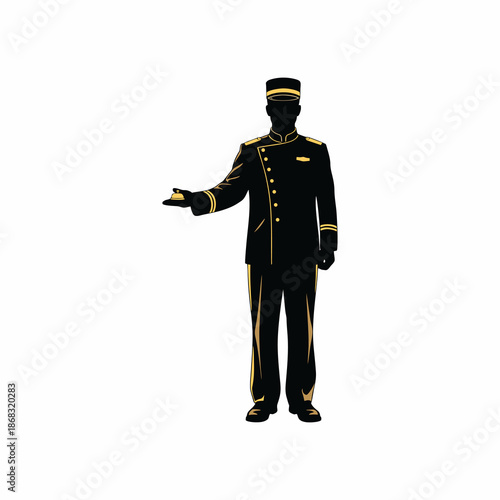 Professional hotel bellboy silhouette holding service bell isolated on white background