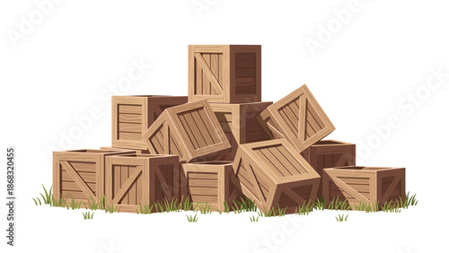 A heap of stacked wooden crates scattered on green grass, representing storage, transport, and the movement of goods in a rustic setting.