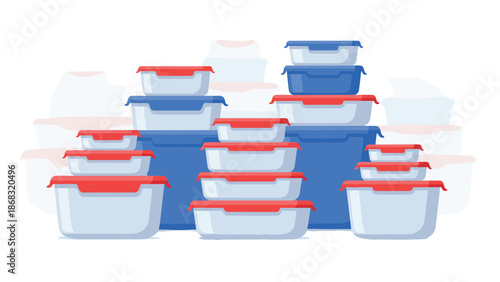 A collection of rectangular plastic food storage containers with red and blue lids, neatly organized on a white background, ideal for kitchens.