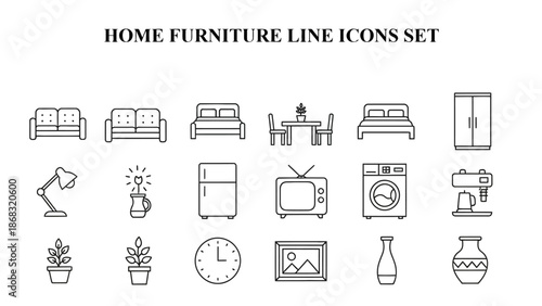 Collection of minimalist black outline home furniture and appliance line icons perfect for modern interior design concepts