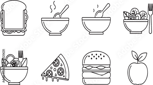 A collection of simple line drawings depicting various food items and dishes