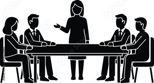 Business Meeting Icon Vector Silhouette of Team Discussing at Conference Table Woman Leader Presenting to Colleagues