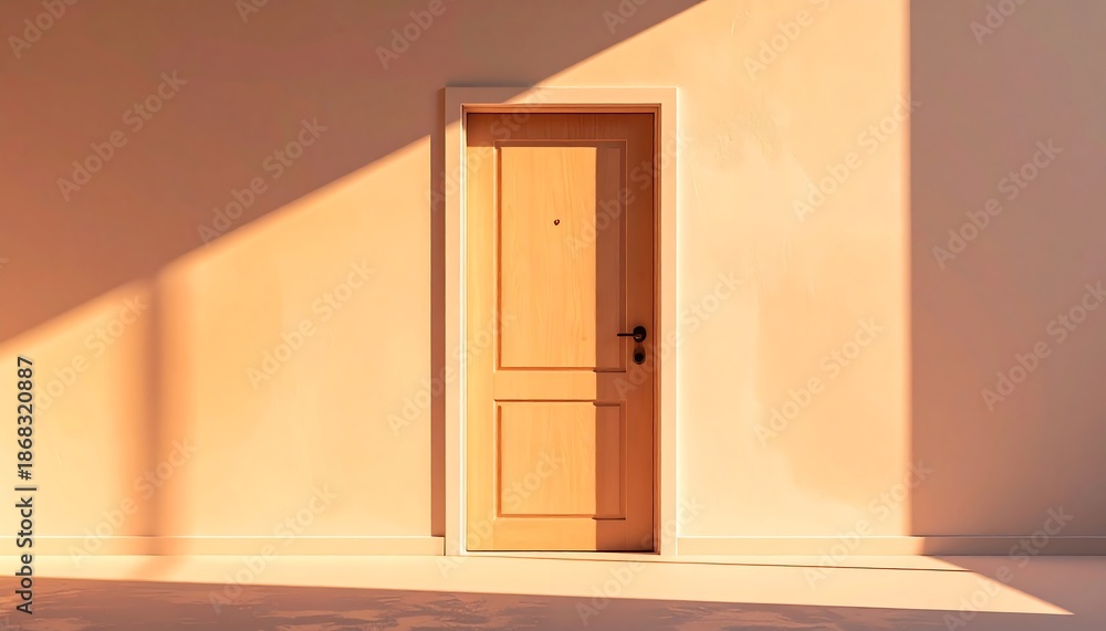 Fototapeta premium Door casting a long shadow under strong directional sunlight, creating an abstract minimalist composition with bold contrast, clean geometry, and a conceptual architectural mood.