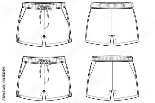Fashion Flat Sketch of Athletic Shorts Front and Back Views sport shorts running shorts