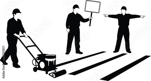 Road Marking Crew Silhouette Set Painting Lines Directing Traffic and Holding Blank Sign Black and White Vector