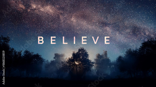 Night sky filled with stars and a glowing galaxy, featuring the word 