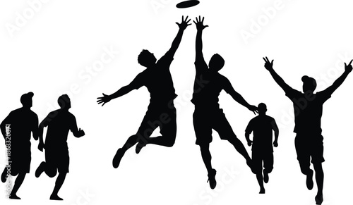 Ultimate Frisbee players vector silhouette two athletes jumping high to catch the flying disc sport action graphic