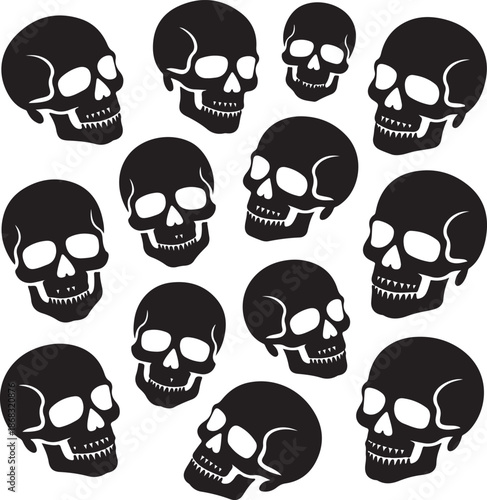 black skulls in various orientations on white background