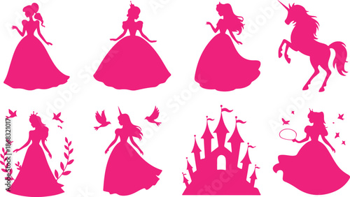 Collection of charming pink princess and unicorn silhouettes ideal for childrens fairytale themes