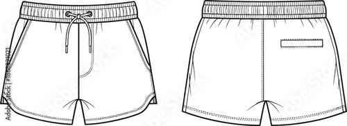 Fashion Sketch of Athletic Shorts Front and Back Views sports shorts running shorts