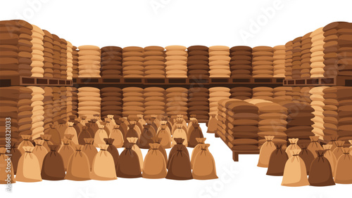 A vast warehouse filled with stacked brown sacks and goods on shelves, showcasing extensive storage and inventory management.